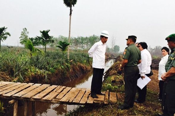 President Indonésie Joko Widodo na inspekci retenèního nádre jako prostøedku k znovuzavodnìní raelini.